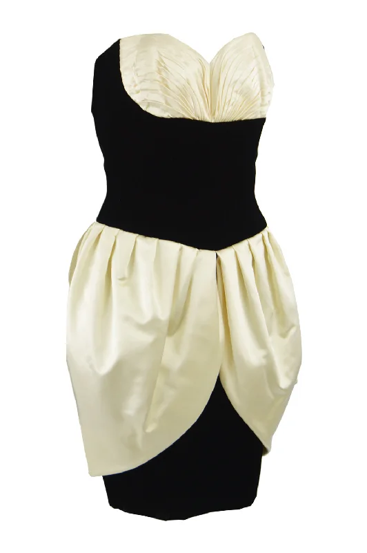 Vintage Black Velvet & Ivory Silk Satin Party Dress, 1980s Crew Neckline Sporty