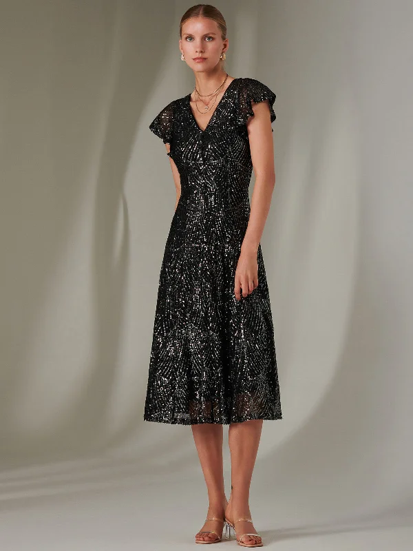 Sequin V Neck FIt & Flare Midaxi Dress, Black