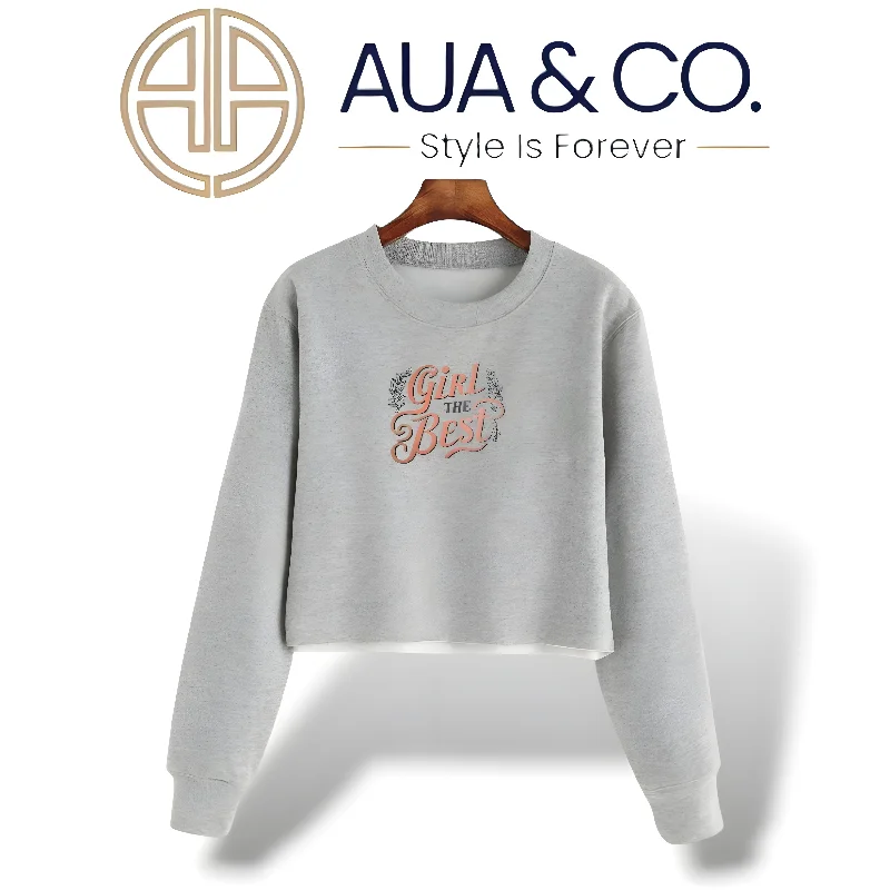 "Girl The Best" Gray Crop Sweatshirt - AUA&CO Hoodie with Relaxed Fit Easy Casual