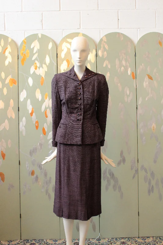 Vintage 1950s Purple/Black Small Button Virgin Wool Skirt Suit Set, XS leather skirt sleek