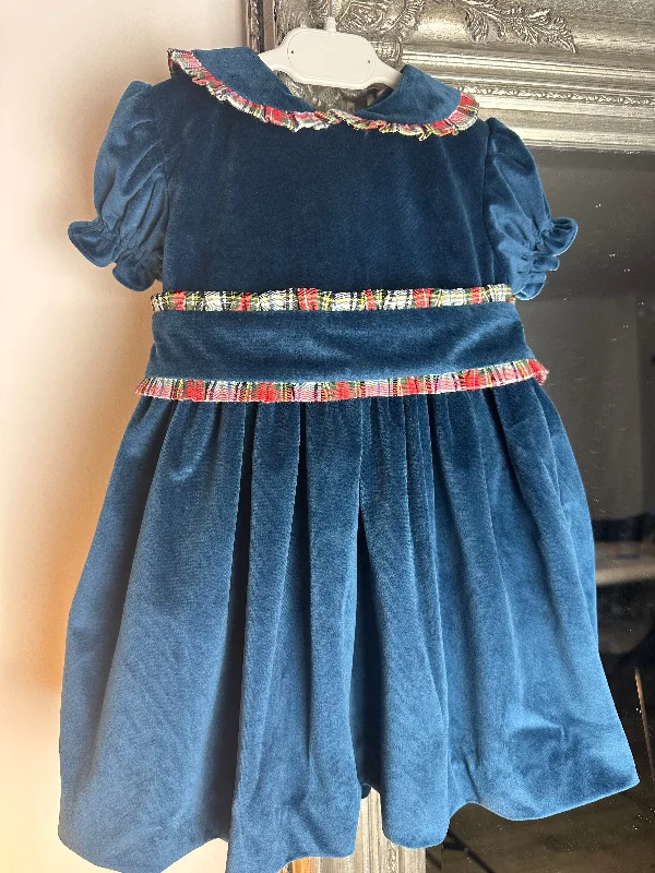 Meraki Midnight Blue Velvet Tartan Bow Sash Dress Tunics Yoga stretchy