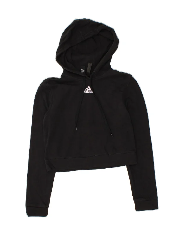 ADIDAS Womens Crop Hoodie Jumper UK 8/10 Small Black Hoodie with Neon Bright Vibrant