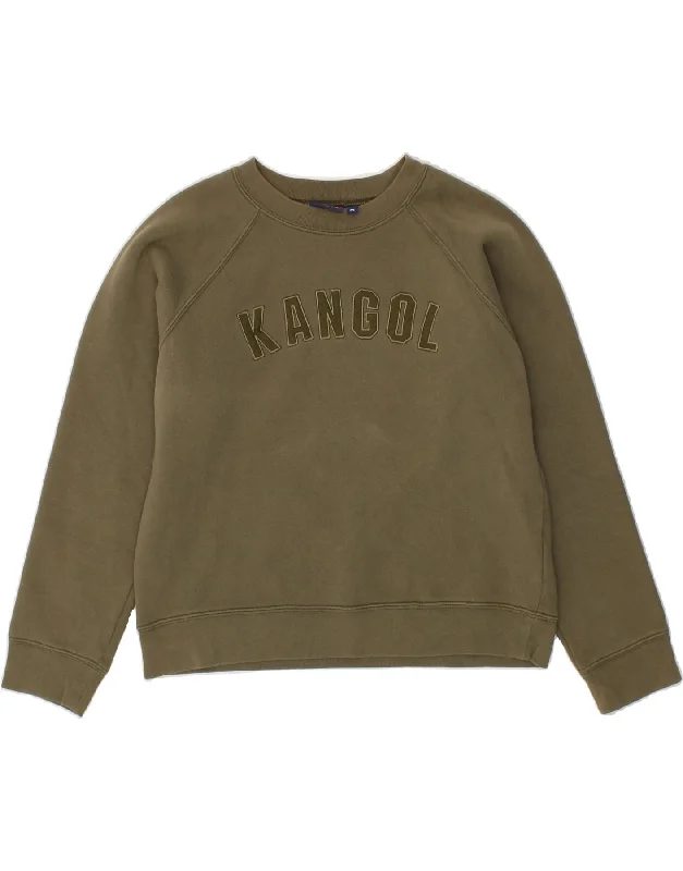 KANGOL Womens Crop Graphic Sweatshirt Jumper UK 14 Medium Khaki Cotton Hoodie with Hood Adjustable Protection