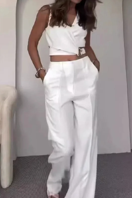 Solid Color Sleeveless Pretty Front Wrap Pant Suit Comfortable Pleated Pants