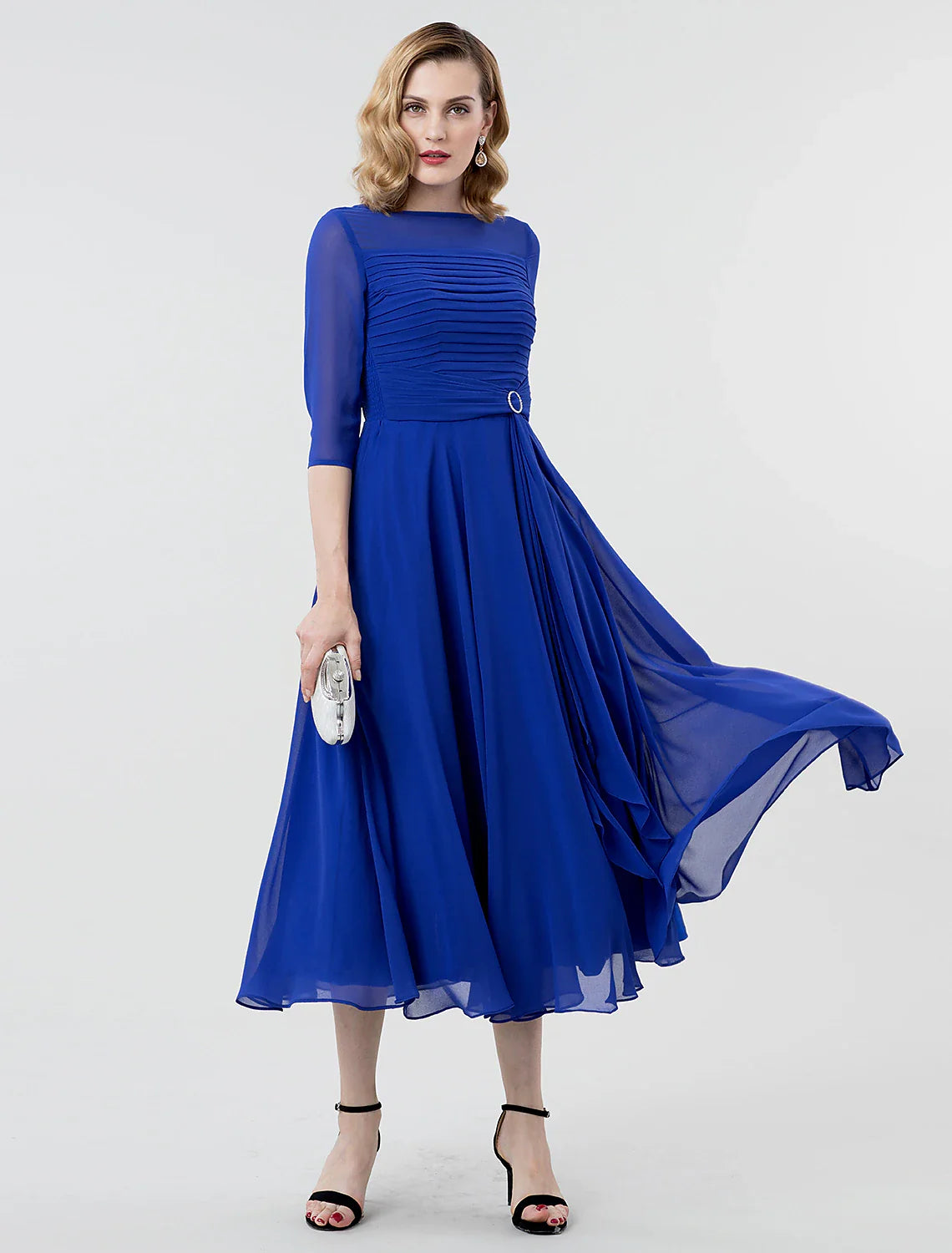 A-Line Elegant Formal Evening Wedding Party Dress Boat Neck 3/4 Length Sleeve Tea Length Georgette with Ruched Crystal Brooch 2024 / Illusion Sleeve Tunics Handmade artisanal