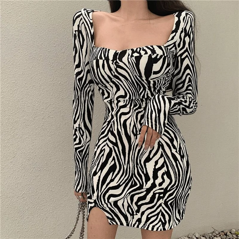 Wjczt Sexy Square Neck Bodycon Dress Women Zebra Print Mini Party Dresses Ladies Long Sleeve autumn Dress Club Vestidos New Tunics Short Trendy