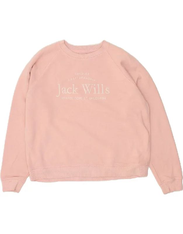 JACK WILLS Womens Oversized Graphic Sweatshirt Jumper UK 16 Large Pink Hoodie with Rolled Sleeves Casual Relaxed