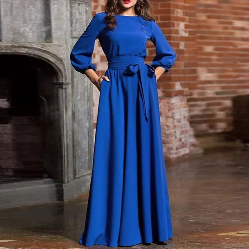 Vintage Bow Tie Maxi Dress 2023 Women Lantern Sleeve Long Party Dresses Autumn Elegant Floor-Length Dress Robe De Soiree Tunics Running lightweight