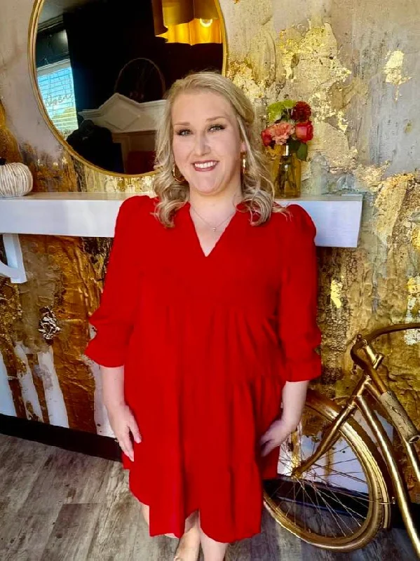 Red Woven Tiered Split Neck Dress