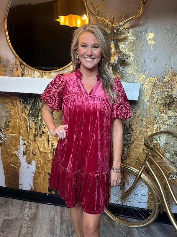 Berry Velvet Embroidered Sleeve Dress