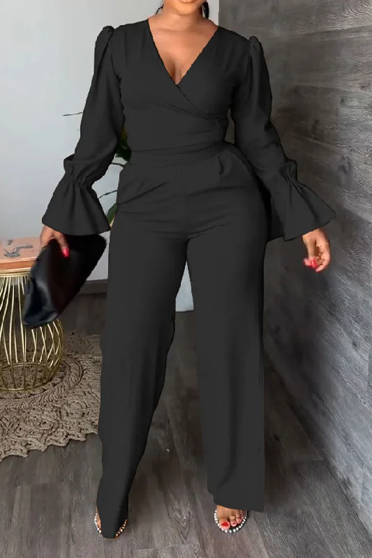 Solid Color Trumpet Sleeve Stylish Lace-Up Pant Suit Relaxed Fit Trousers