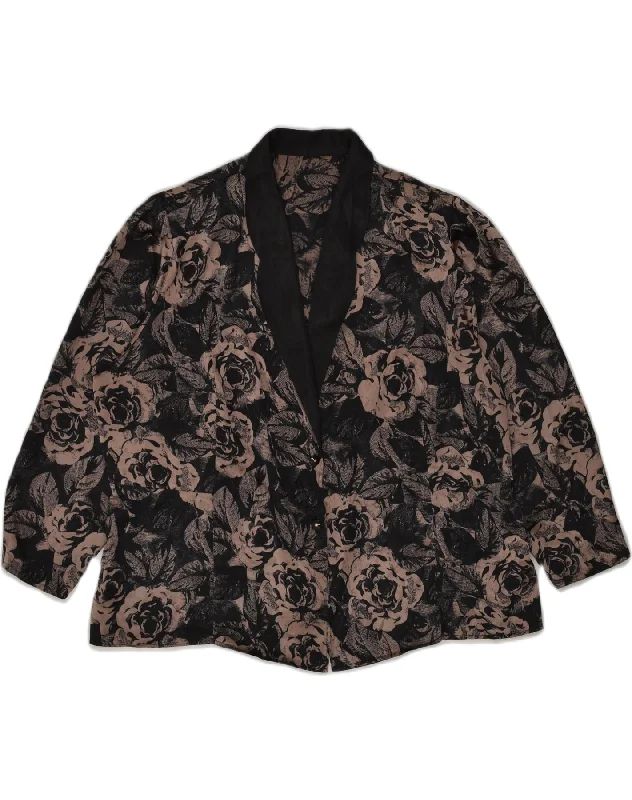 VINTAGE Womens 2 Button Blazer Jacket UK 20 2XL Black Floral Polyester Welt Pockets Slit Pockets Flap Pockets