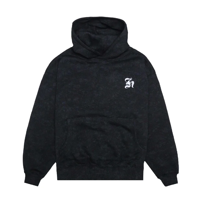 HOMME+ Old English Acid Wash Hoodie Black Hoodie with Stripes Bold Sporty