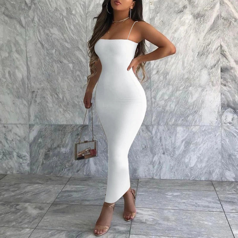 Wjczt Summer Black Sexy Dress Women Streetwear Sleeveless Backless Solid Spaghetti Strap Bodycon Casual Clubwear Elegant Party Dresses Chiffon Maxi Beach