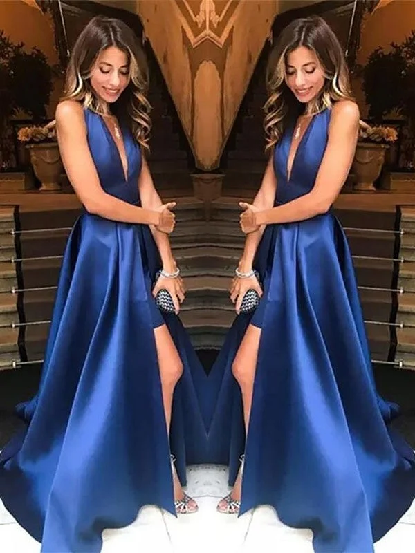 A-Line V-neck Sleeveless With Ruffles Satin Prom Dresses