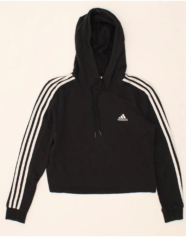 ADIDAS Womens Crop Hoodie Jumper UK 8/10 Small Black Cotton Hoodie with Crew Neck Simple Timeless