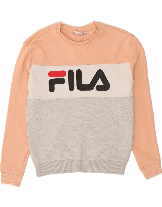 FILA Womens Oversized Graphic Sweatshirt Jumper UK 6 XS Grey Colourblock Hoodie with Applique Textured Unique