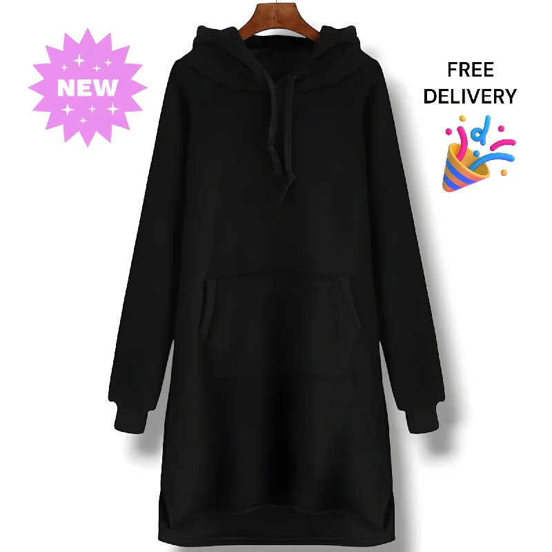 AUA&CO Women’s Long Black Hoodie – Winter Comfort Hoodie with Raglan Sleeves Sporty Comfortable