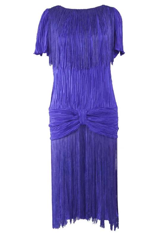 Vintage Blue Fortuny Pleated & Fringed Party Dress, 1980s Off-the-shoulder Bohemian Festive