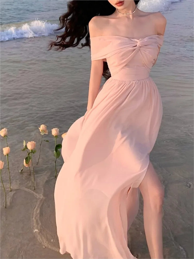Wjczt Sexy Chiffon Midi Dress Women Summer New Off Shoulder Slash Neck High Split Holiday Beach Style Backless Party Dress Vestido Tunics Polka dots