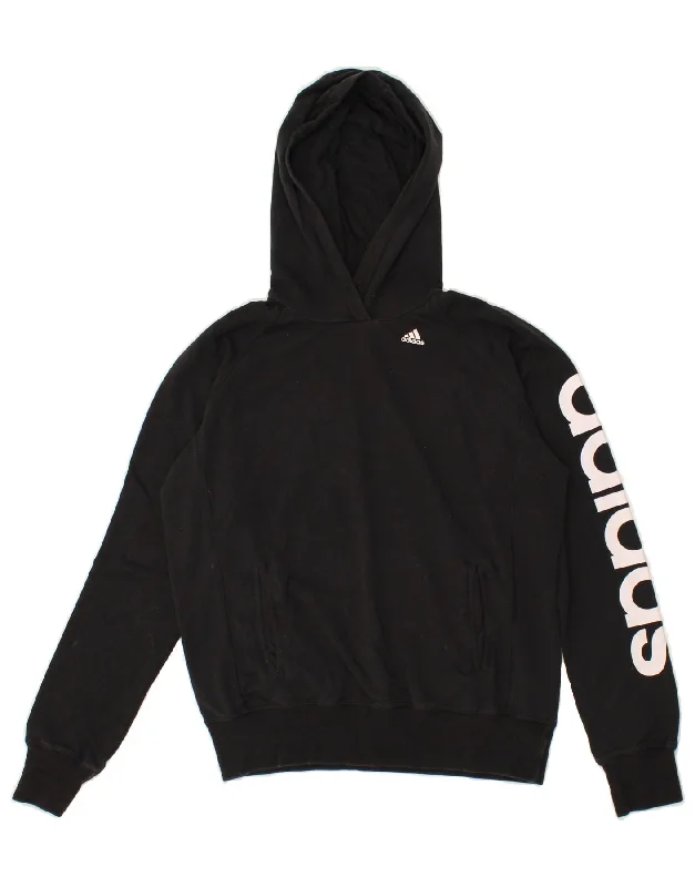 ADIDAS Womens Climalite Graphic Hoodie Jumper UK 8/10 Small Black Cotton Hoodie with Turtle Neck Cozy Winter