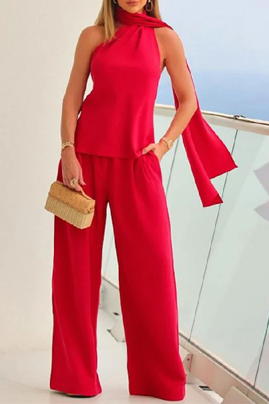Solid Color Chic Scarf Collar Wide Leg Pant Suit Lightweight Linen Pants