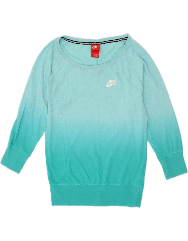 NIKE Womens Oversized Sweatshirt Jumper UK 6 XS Blue Colourblock Cotton Hoodie with Patch Decorative Personalized