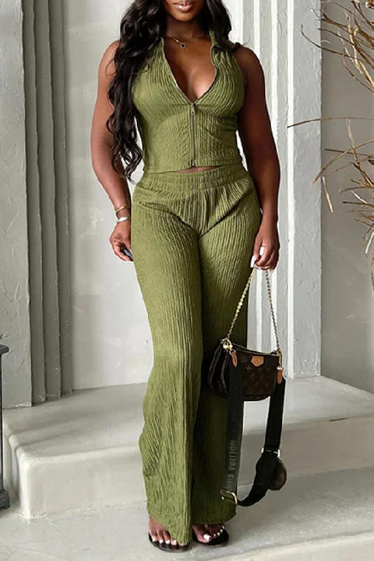 Solid Color Sleeveless Feminine Casual Wear Pant Suit Soft Stretch Pants