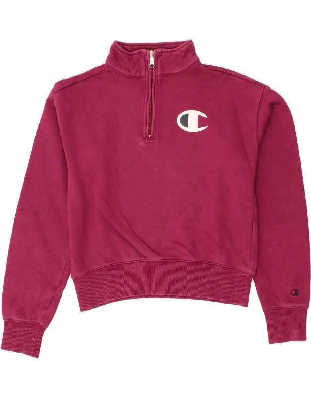 CHAMPION Womens Graphic Zip Neck Sweatshirt Jumper UK 6 XS Pink Hoodie with Tie-Dye Psychedelic Retro