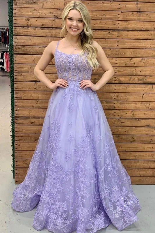 Purple Lace Floral Long Prom Dress, Lilac Lace Formal Dress,Elegant Evening Dresses