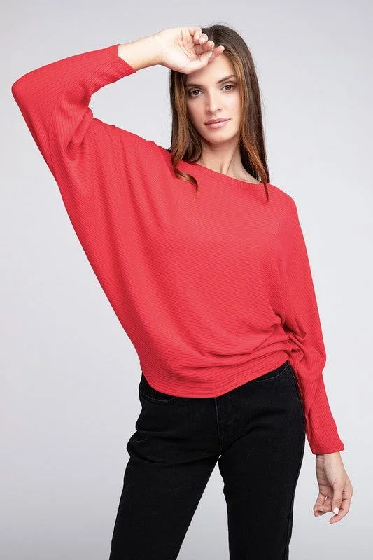 ZENANA Ribbed Batwing Long Sleeve Boat Neck Sweater Satin Fabric Silk Fabric Chiffon Fabric ZENANA Ribbed Batwing Long Sleeve Boat Neck Sweater Satin Fabric Silk Fabric Chiffon Fabric