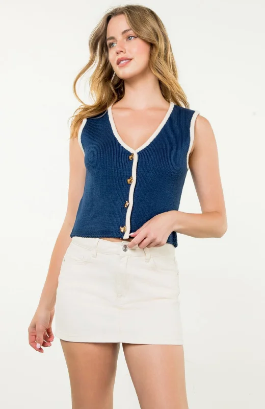 Button Knit Sweater Top Front Pockets Side Pockets Patch Pockets