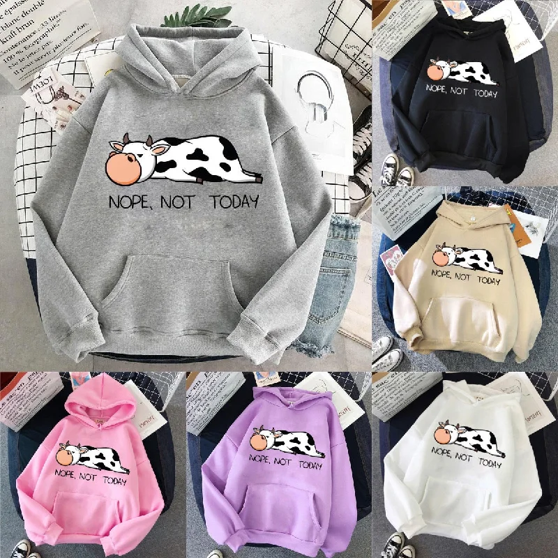 Hooded Sweater Cute Cow Cartoon Print Casual Sports Hoodie Thin Thick Dense