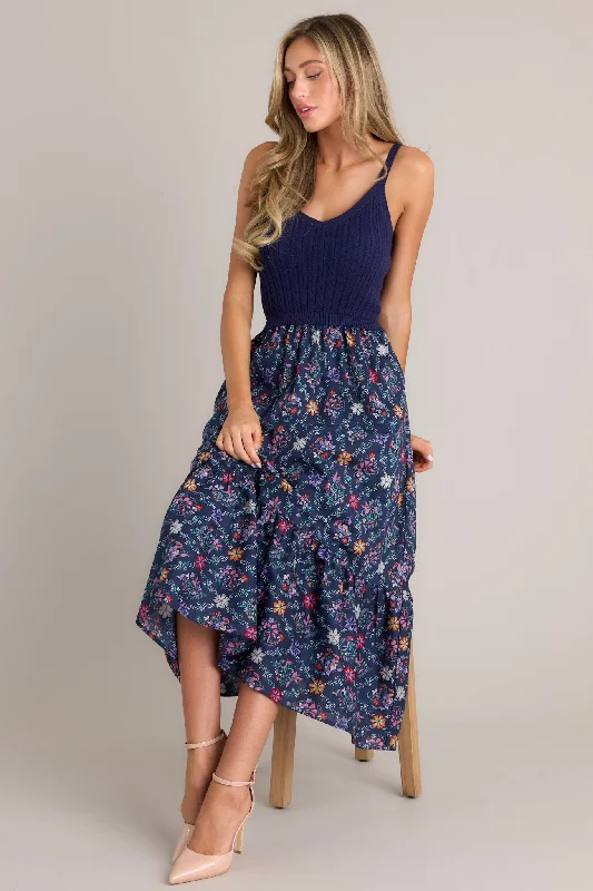 Meadow Mist Navy Floral Print Sweater Maxi Dress Front Pockets Side Pockets Patch Pockets Meadow Mist Navy Floral Print Sweater Maxi Dress Front Pockets Side Pockets Patch Pockets
