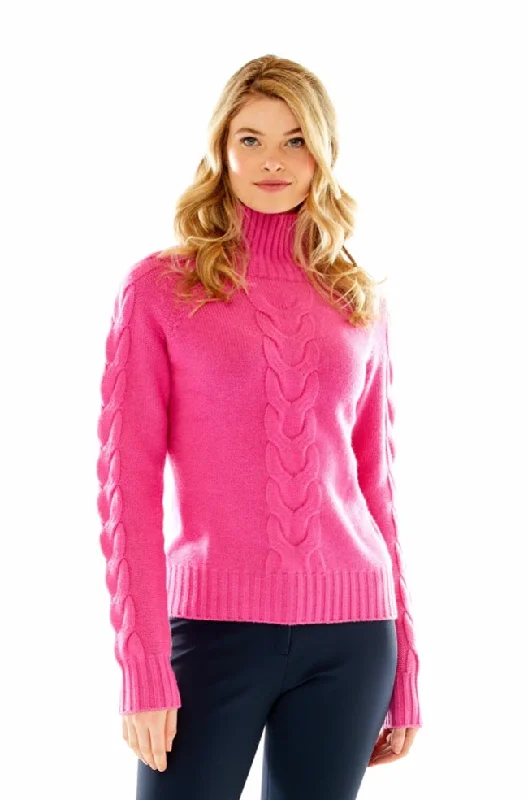 M.Miller Women's Laura Cable Sweater Cashmere in Fuchsia Zippered Front Buttoned Front Snap Front M.Miller Women's Laura Cable Sweater Cashmere in Fuchsia Zippered Front Buttoned Front Snap Front