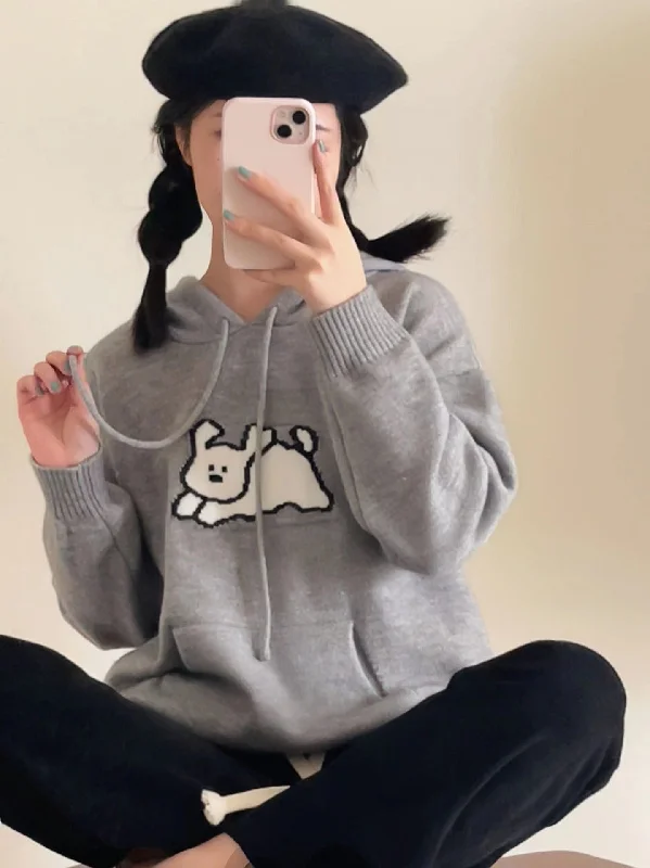 Cute Cartoon Hooded Sweater Knitted Sweater Spring And Autumn New Loose Pockets Overlapping Tops Temperament Sweater Graphic Sweater Embroidered Appliqued Cute Cartoon Hooded Sweater Knitted Sweater Spring And Autumn New Loose Pockets Overlapping Tops Temperament Sweater Graphic Sweater Embroidered Appliqued