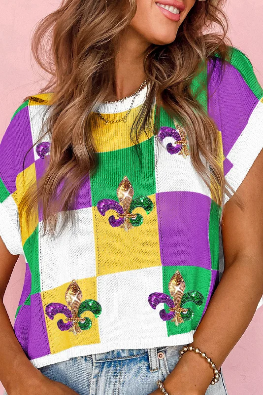 ONLINE EXCLUSIVE! Purple Sequin Mardi Gras Fleur de Lis Color Block Sweater Iron Safe Non-Iron Wrinkle Free