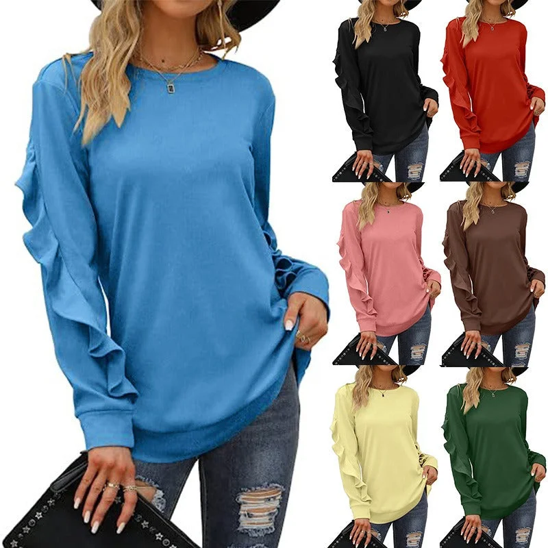 Autumn And Winter New Style Women's Casual Round Neck Sweater Pleated Long Sleeve Blouse Stretchy Elastic Breathable Autumn And Winter New Style Women's Casual Round Neck Sweater Pleated Long Sleeve Blouse Stretchy Elastic Breathable