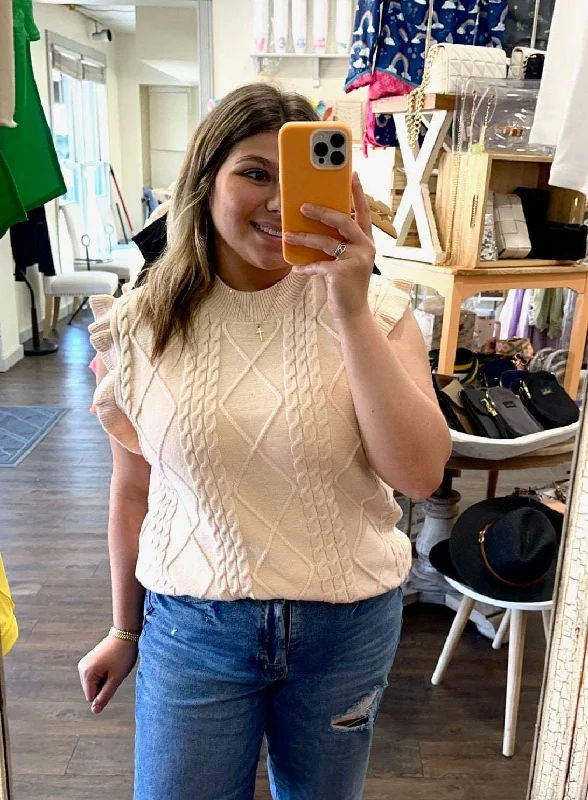 Parchment Retro Cable Knit Ruffle Sleeveless Sweater Thin Thick Dense