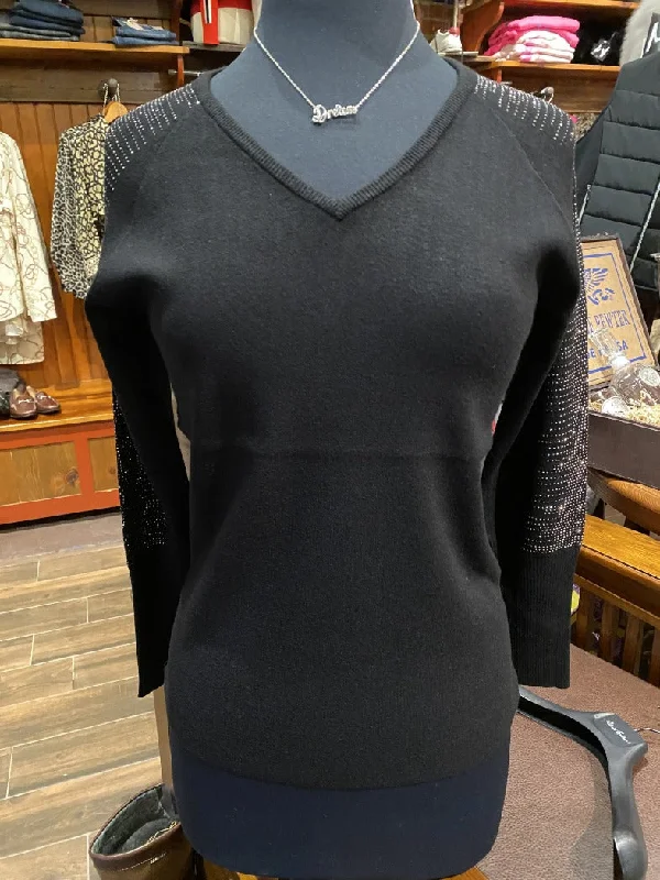 Leo & Ugo Women's Sweater W/ Dazzled Sleeves in Black Polka Dot Checkered Tartan