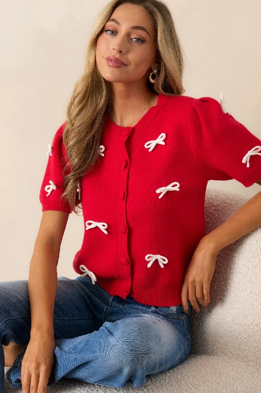 Hearthside Harmony Red Short Sleeve Sweater Top Solid Print Embellished