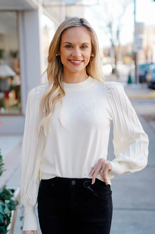 Expectations Stripe Sleeve Sweater - Ivory Boxy Sweater Fitted Sweater A-Line