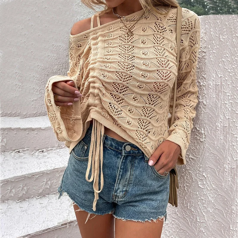 Maomao Rain Spring/Summer New Sweater Women's Solid Color Hollow Drawstring T-Shirt Top Iron Safe Non-Iron Wrinkle Free Maomao Rain Spring/Summer New Sweater Women's Solid Color Hollow Drawstring T-Shirt Top Iron Safe Non-Iron Wrinkle Free
