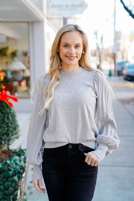 Expectations Stripe Sleeve Sweater - Grey Graphic Sweater Embroidered Appliqued