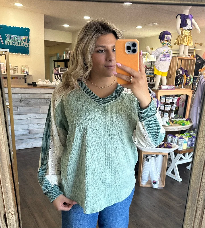 Lace-Embellished Cable Knit Sweater Oversized Loose Flowy