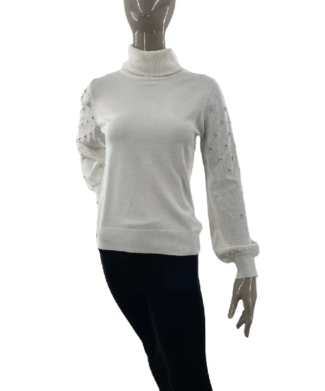 Leo & Ugo Women's Sweater W/ Gemmed Sleeves in Ivory Print Jacquard Patchwork