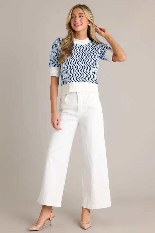 In Too Deep Blue Wavy Stripe Sweater Top Turtle Neck Boat Neck Asymmetrical Neck