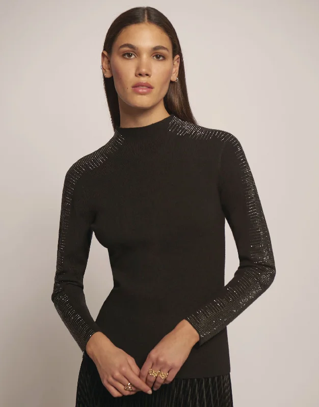 Leo & Ugo Women's High Neck Sweater W/ Dazzled Sleeves in Black Houndstooth Herringbone Solid Leo & Ugo Women's High Neck Sweater W/ Dazzled Sleeves in Black Houndstooth Herringbone Solid