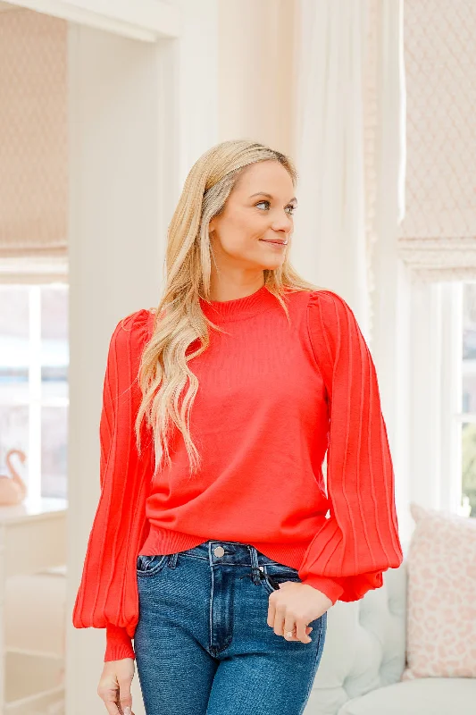 Expectations Stripe Sleeve Sweater - Scarlet Red Turtle Neck Boat Neck Asymmetrical Neck Expectations Stripe Sleeve Sweater - Scarlet Red Turtle Neck Boat Neck Asymmetrical Neck