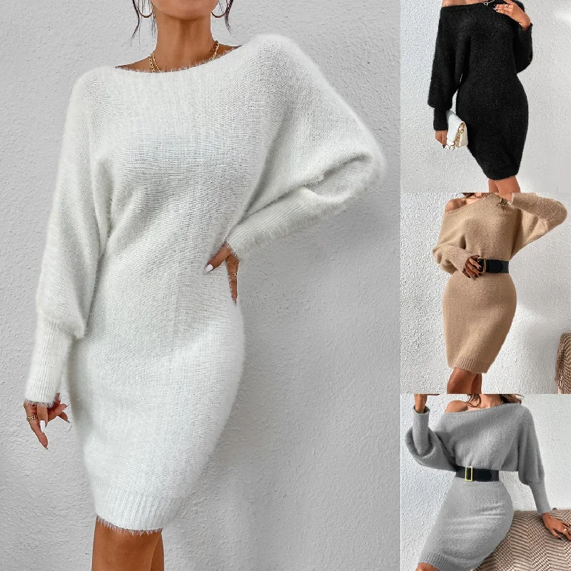 New Women's Spring And Summer Four Color One Neck Medium Long Sweater Dress Layered Multi-layer Single Layer New Women's Spring And Summer Four Color One Neck Medium Long Sweater Dress Layered Multi-layer Single Layer